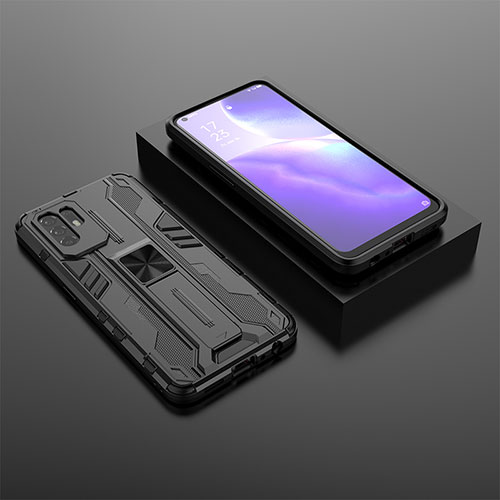 Silicone Matte Finish and Plastic Back Cover Case with Magnetic Stand T02 for Oppo F19 Pro+ Plus 5G Black