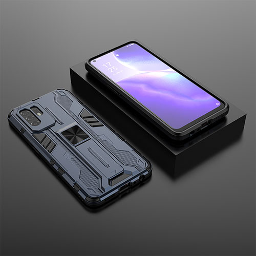 Silicone Matte Finish and Plastic Back Cover Case with Magnetic Stand T02 for Oppo F19 Pro+ Plus 5G Blue