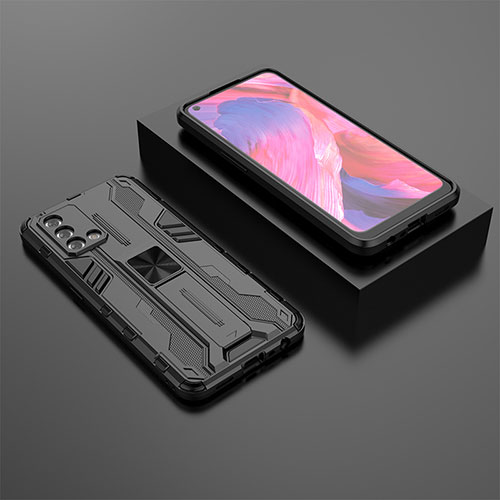 Silicone Matte Finish and Plastic Back Cover Case with Magnetic Stand T02 for Oppo F19s Black