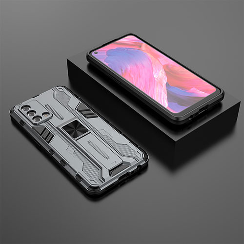 Silicone Matte Finish and Plastic Back Cover Case with Magnetic Stand T02 for Oppo F19s Gray