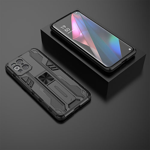 Silicone Matte Finish and Plastic Back Cover Case with Magnetic Stand T02 for Oppo Find X3 5G Black
