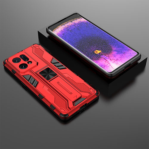 Silicone Matte Finish and Plastic Back Cover Case with Magnetic Stand T02 for Oppo Find X5 5G Red