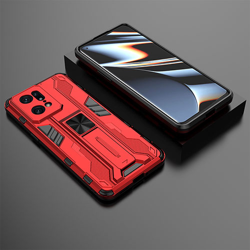 Silicone Matte Finish and Plastic Back Cover Case with Magnetic Stand T02 for Oppo Find X5 Pro 5G Red