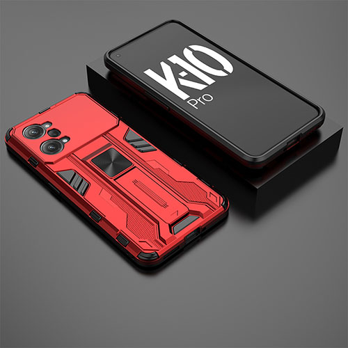 Silicone Matte Finish and Plastic Back Cover Case with Magnetic Stand T02 for Oppo K10 Pro 5G Red