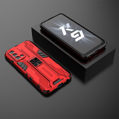 Silicone Matte Finish and Plastic Back Cover Case with Magnetic Stand T02 for Oppo K9 5G Red