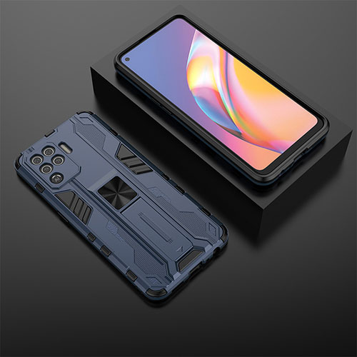 Silicone Matte Finish and Plastic Back Cover Case with Magnetic Stand T02 for Oppo Reno5 F Blue