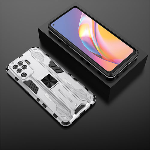 Silicone Matte Finish and Plastic Back Cover Case with Magnetic Stand T02 for Oppo Reno5 F White