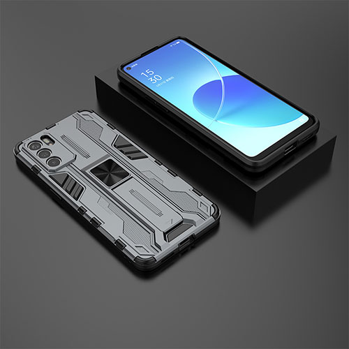 Silicone Matte Finish and Plastic Back Cover Case with Magnetic Stand T02 for Oppo Reno6 5G Gray