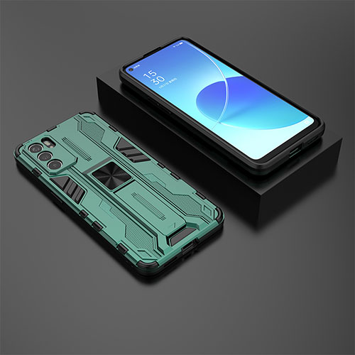 Silicone Matte Finish and Plastic Back Cover Case with Magnetic Stand T02 for Oppo Reno6 5G Green