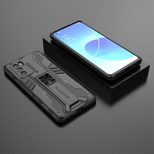 Silicone Matte Finish and Plastic Back Cover Case with Magnetic Stand T02 for Oppo Reno6 Pro 5G India Black