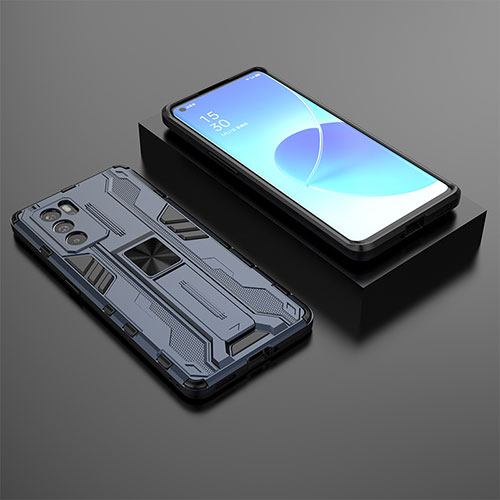 Silicone Matte Finish and Plastic Back Cover Case with Magnetic Stand T02 for Oppo Reno6 Pro 5G India Blue