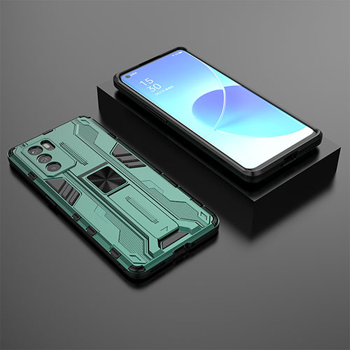 Silicone Matte Finish and Plastic Back Cover Case with Magnetic Stand T02 for Oppo Reno6 Pro 5G India Green