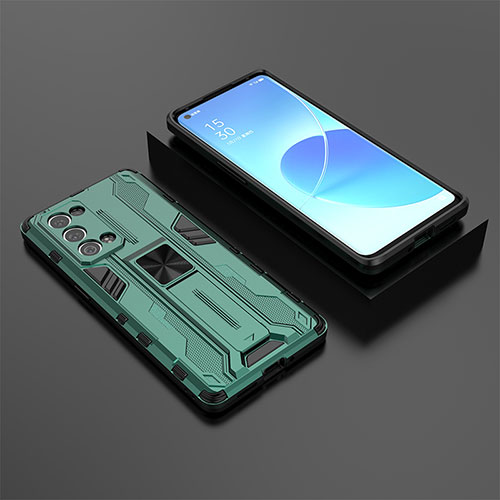 Silicone Matte Finish and Plastic Back Cover Case with Magnetic Stand T02 for Oppo Reno6 Pro+ Plus 5G Green