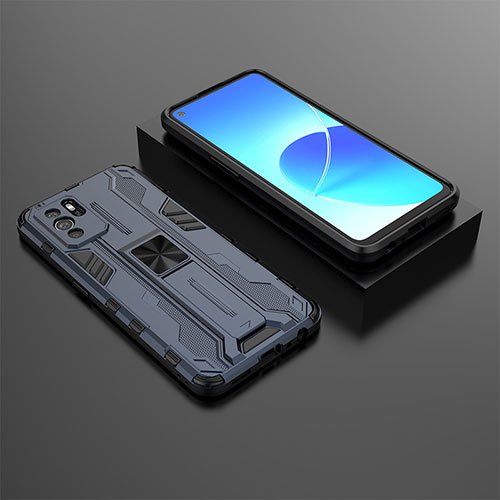 Silicone Matte Finish and Plastic Back Cover Case with Magnetic Stand T02 for Oppo Reno6 Z 5G Blue