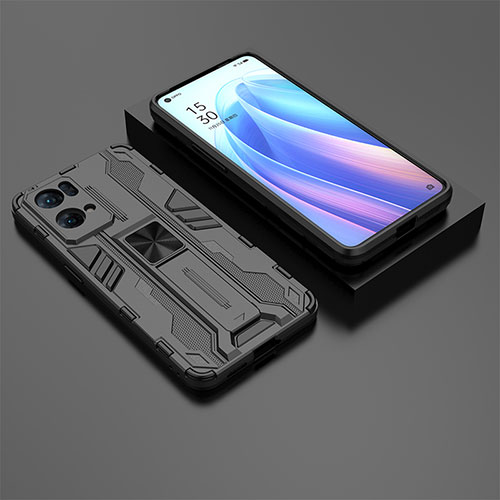 Silicone Matte Finish and Plastic Back Cover Case with Magnetic Stand T02 for Oppo Reno7 Pro 5G Black