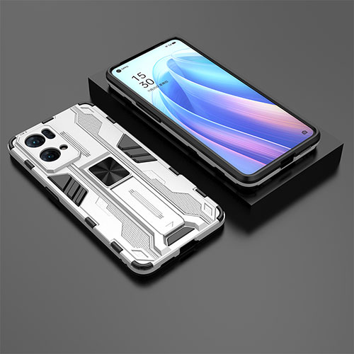 Silicone Matte Finish and Plastic Back Cover Case with Magnetic Stand T02 for Oppo Reno7 Pro 5G White