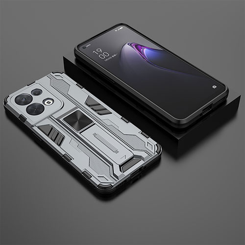 Silicone Matte Finish and Plastic Back Cover Case with Magnetic Stand T02 for Oppo Reno9 5G Gray