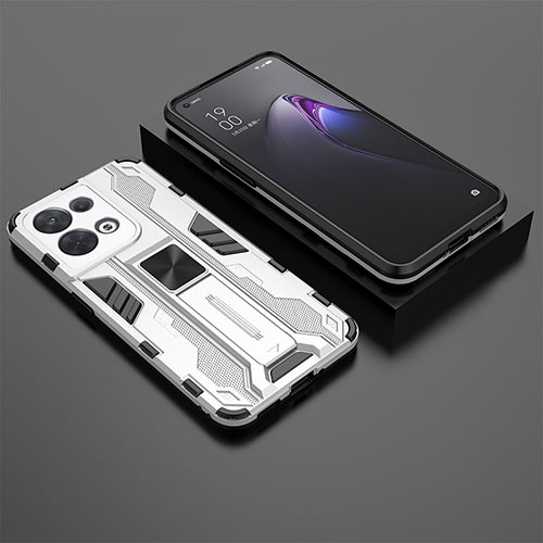 Silicone Matte Finish and Plastic Back Cover Case with Magnetic Stand T02 for Oppo Reno9 Pro 5G White