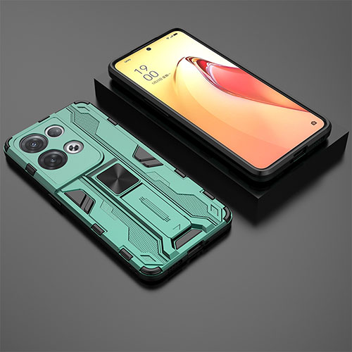 Silicone Matte Finish and Plastic Back Cover Case with Magnetic Stand T02 for Oppo Reno9 Pro+ Plus 5G Green