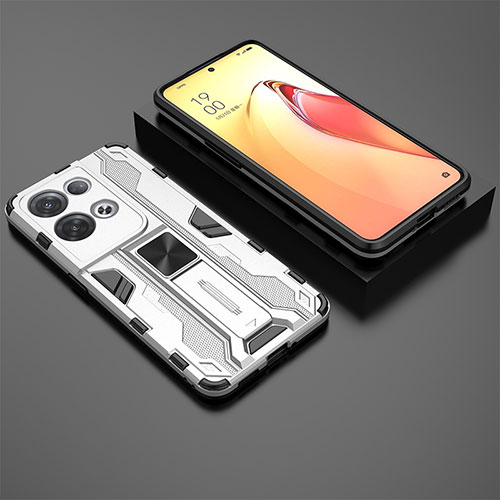 Silicone Matte Finish and Plastic Back Cover Case with Magnetic Stand T02 for Oppo Reno9 Pro+ Plus 5G White