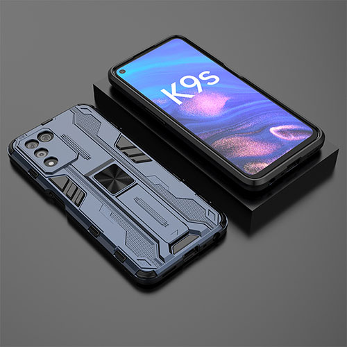 Silicone Matte Finish and Plastic Back Cover Case with Magnetic Stand T02 for Realme 9 SE 5G Blue