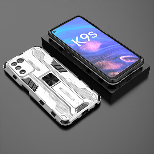 Silicone Matte Finish and Plastic Back Cover Case with Magnetic Stand T02 for Realme Q3t 5G White