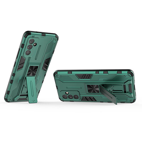 Silicone Matte Finish and Plastic Back Cover Case with Magnetic Stand T02 for Samsung Galaxy A05s Green