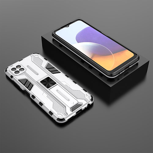 Silicone Matte Finish and Plastic Back Cover Case with Magnetic Stand T02 for Samsung Galaxy A22 5G White