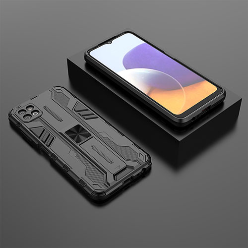 Silicone Matte Finish and Plastic Back Cover Case with Magnetic Stand T02 for Samsung Galaxy A22s 5G Black