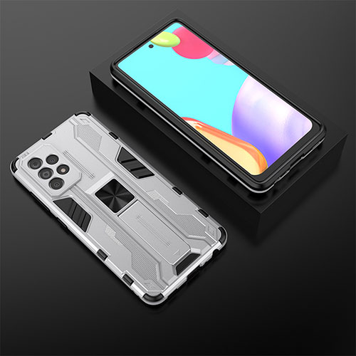 Silicone Matte Finish and Plastic Back Cover Case with Magnetic Stand T02 for Samsung Galaxy A52 4G White