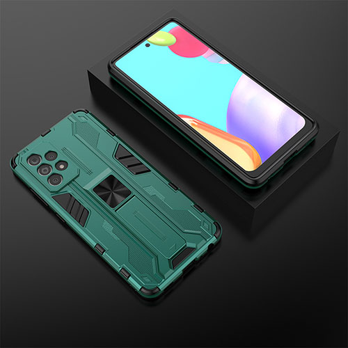 Silicone Matte Finish and Plastic Back Cover Case with Magnetic Stand T02 for Samsung Galaxy A52 5G Green