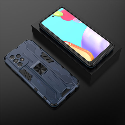 Silicone Matte Finish and Plastic Back Cover Case with Magnetic Stand T02 for Samsung Galaxy A52s 5G Blue