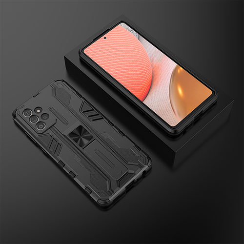 Silicone Matte Finish and Plastic Back Cover Case with Magnetic Stand T02 for Samsung Galaxy A72 4G Black