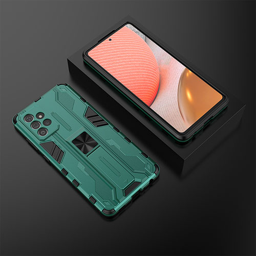 Silicone Matte Finish and Plastic Back Cover Case with Magnetic Stand T02 for Samsung Galaxy A72 4G Green
