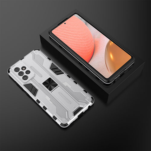 Silicone Matte Finish and Plastic Back Cover Case with Magnetic Stand T02 for Samsung Galaxy A72 4G White