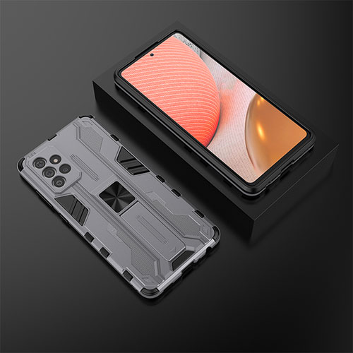 Silicone Matte Finish and Plastic Back Cover Case with Magnetic Stand T02 for Samsung Galaxy A72 5G Gray