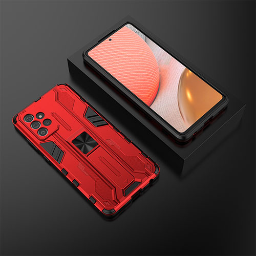 Silicone Matte Finish and Plastic Back Cover Case with Magnetic Stand T02 for Samsung Galaxy A72 5G Red