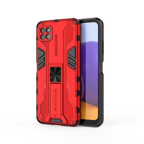 Silicone Matte Finish and Plastic Back Cover Case with Magnetic Stand T03 for Samsung Galaxy A22 5G Red