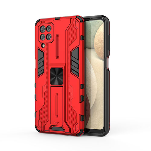 Silicone Matte Finish and Plastic Back Cover Case with Magnetic Stand T04 for Samsung Galaxy A12 5G Red