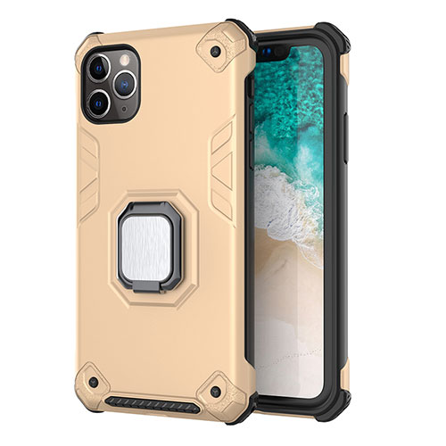 Silicone Matte Finish and Plastic Back Cover Case with Magnetic Stand Z01 for Apple iPhone 11 Pro Gold