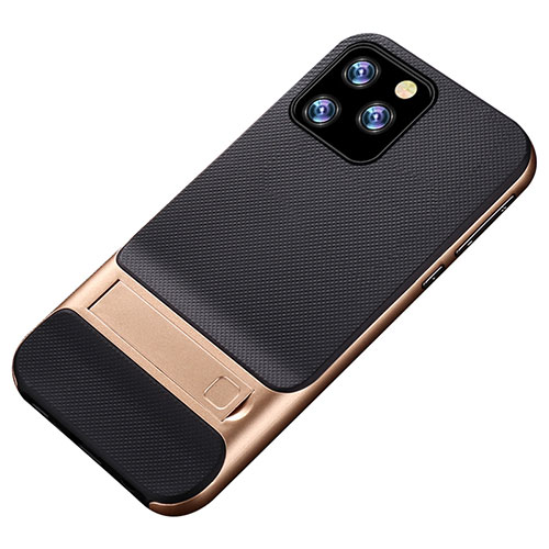 Silicone Matte Finish and Plastic Back Cover Case with Stand A01 for Apple iPhone 11 Pro Gold