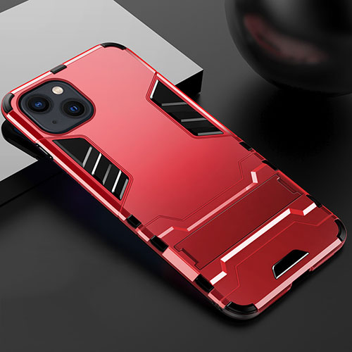 Silicone Matte Finish and Plastic Back Cover Case with Stand A01 for Apple iPhone 13 Red