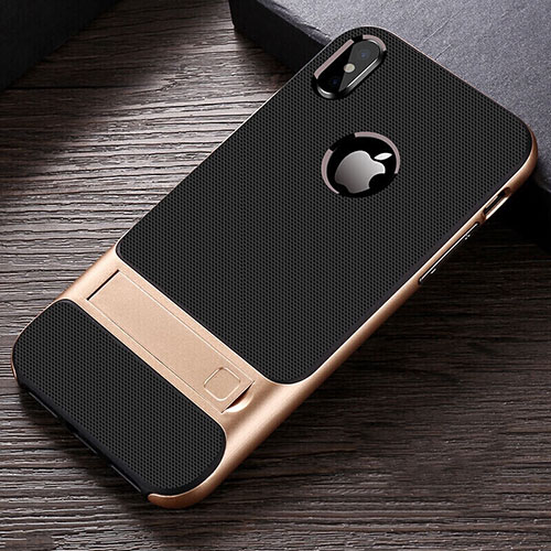 Silicone Matte Finish and Plastic Back Cover Case with Stand A01 for Apple iPhone Xs Gold