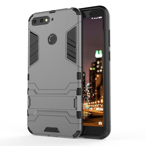 Silicone Matte Finish and Plastic Back Cover Case with Stand A01 for Huawei Y6 Prime (2018) Gray