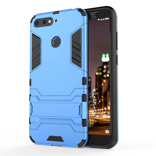 Silicone Matte Finish and Plastic Back Cover Case with Stand A01 for Huawei Y6 Prime (2018) Sky Blue