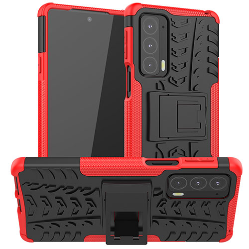 Silicone Matte Finish and Plastic Back Cover Case with Stand A01 for Motorola Moto Edge Lite 5G Red