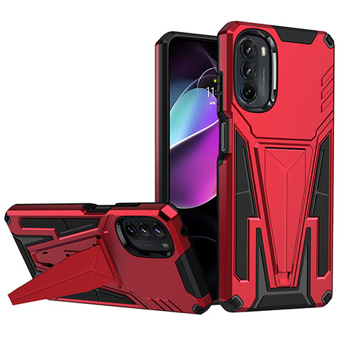 Silicone Matte Finish and Plastic Back Cover Case with Stand A01 for Motorola Moto G 5G (2022) Red