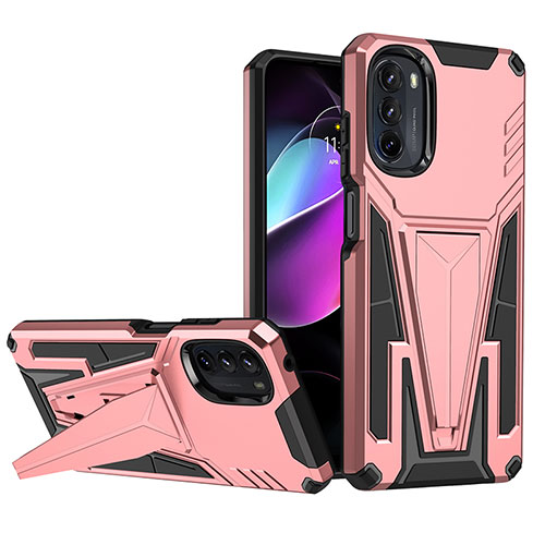 Silicone Matte Finish and Plastic Back Cover Case with Stand A01 for Motorola Moto G 5G (2022) Rose Gold