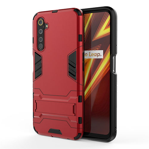 Silicone Matte Finish and Plastic Back Cover Case with Stand A01 for Realme 6 Pro Red