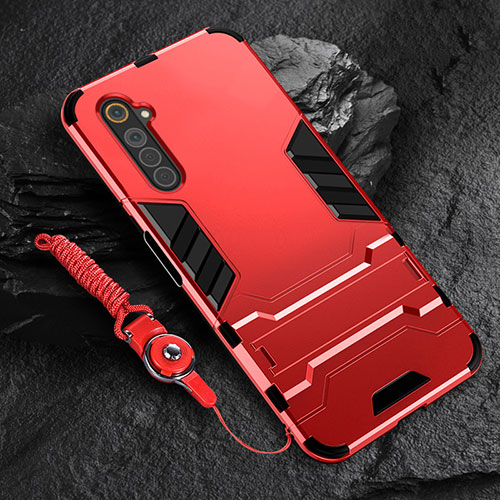 Silicone Matte Finish and Plastic Back Cover Case with Stand A01 for Realme 6s Red